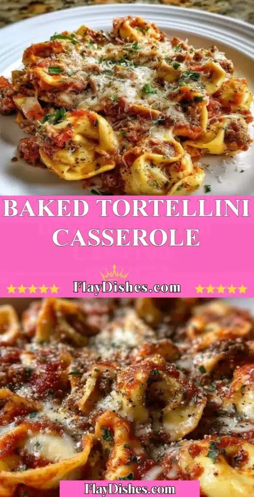 Delicious baked tortellini casserole topped with cheese and herbs