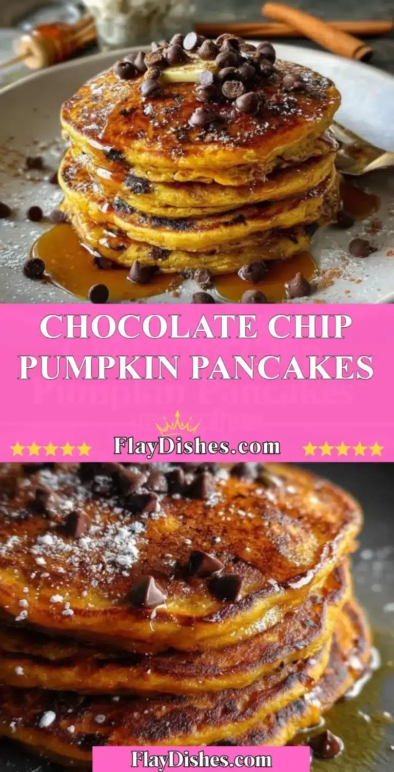 Chocolate Chip Pumpkin Pancakes 5 Stack of chocolate chip pumpkin pancakes with syrup and pumpkin slices