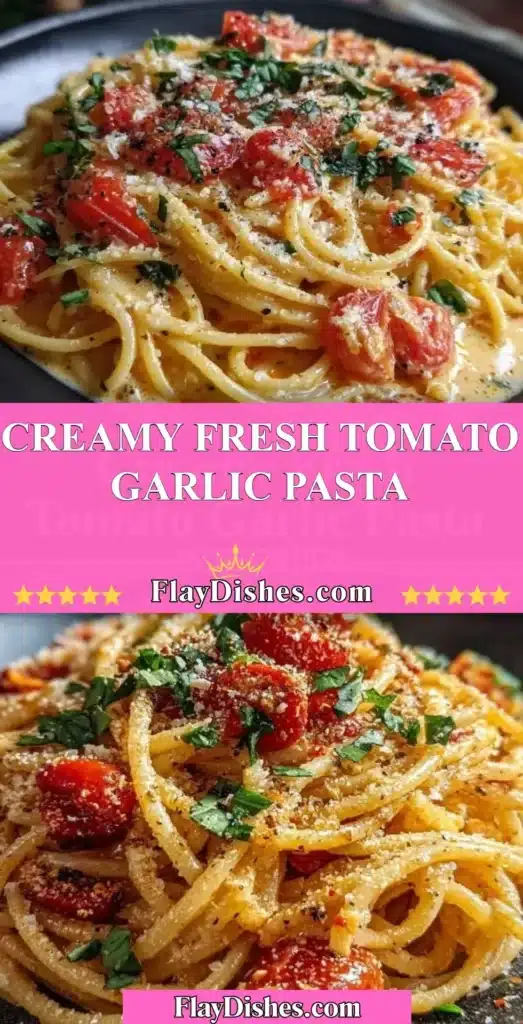 Creamy fresh tomato garlic pasta dish topped with herbs