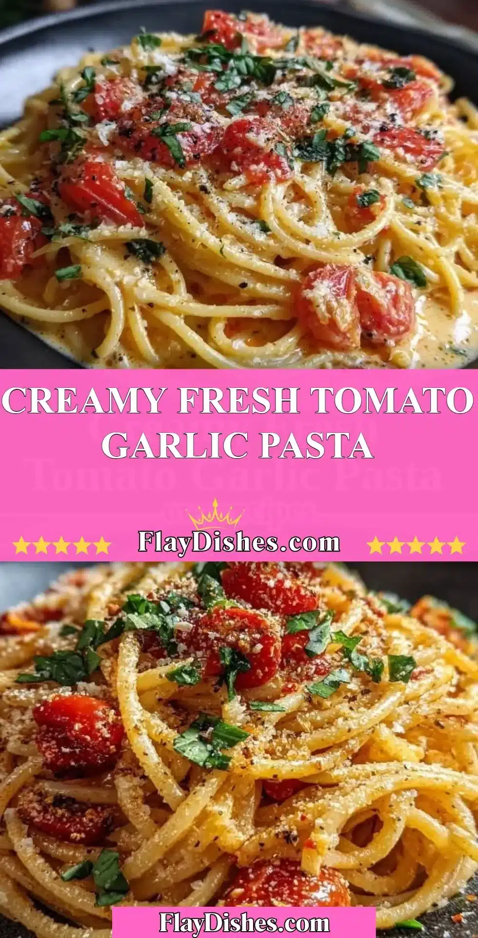 Creamy Fresh Tomato Garlic Pasta 2 Creamy fresh tomato garlic pasta dish topped with herbs
