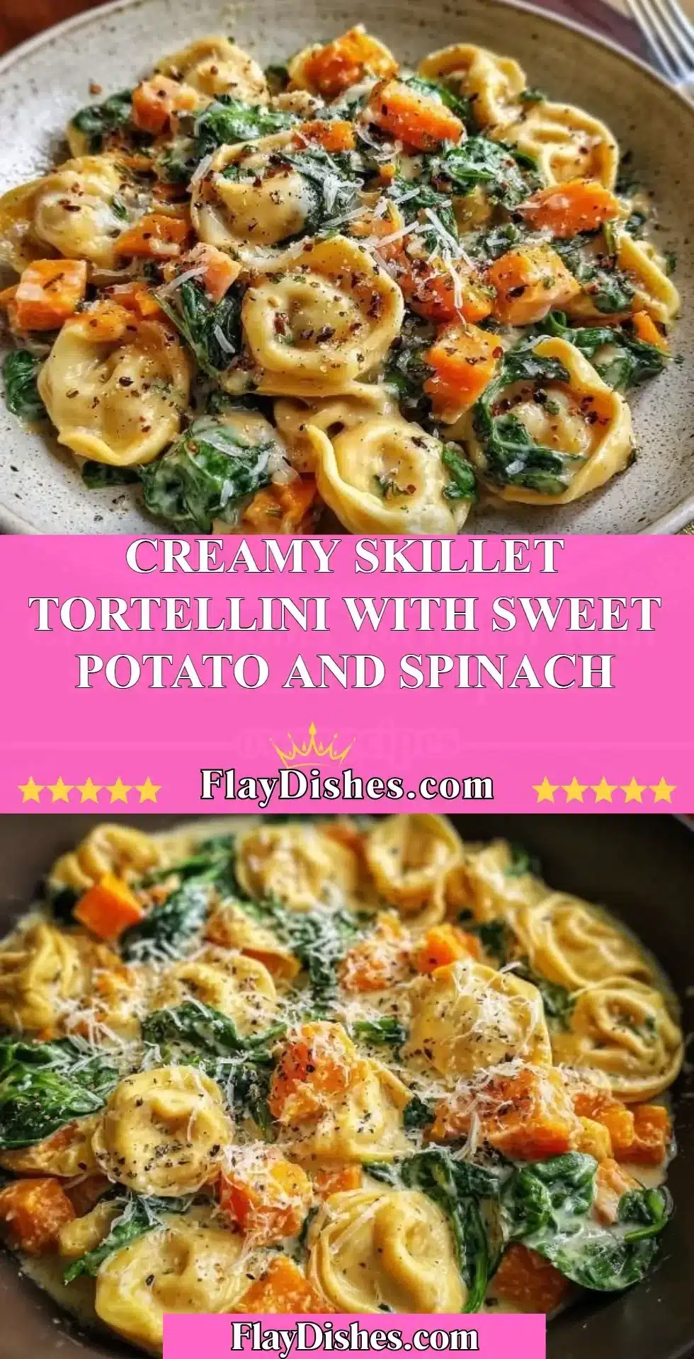 Creamy skillet tortellini with sweet potato and spinach in a frying pan