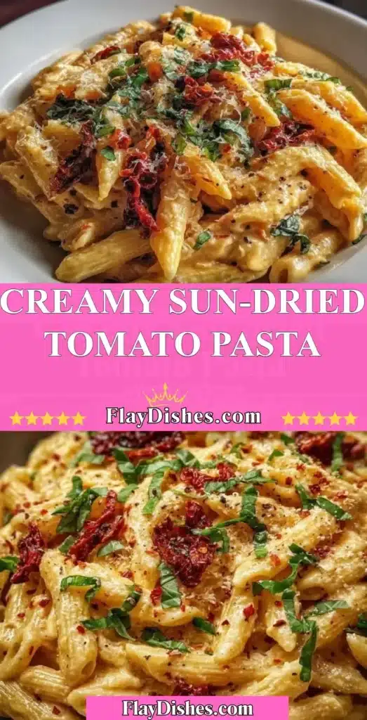 Creamy Sun-Dried Tomato Pasta served in a bowl with fresh herbs and cheese.