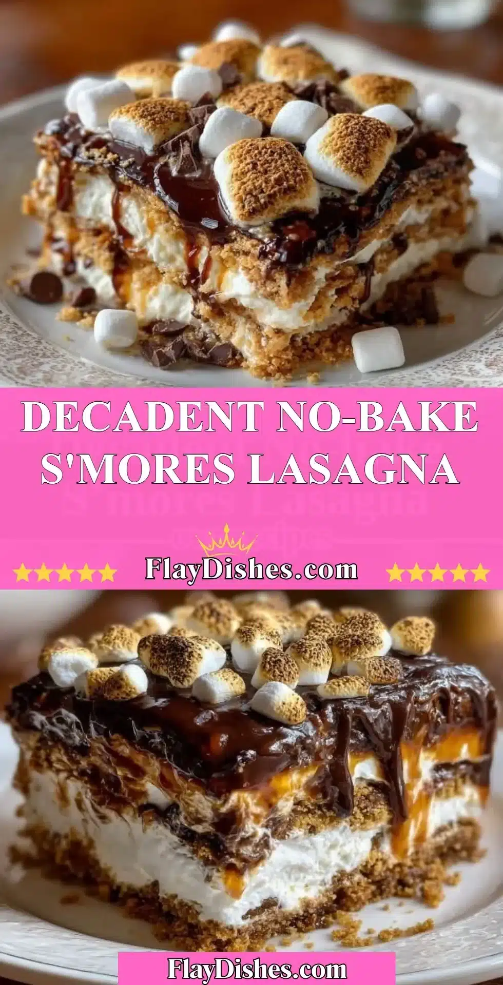 Decadent No-Bake S'mores Lasagna 2 Decadent no-bake s'mores lasagna with layers of chocolate and marshmallows