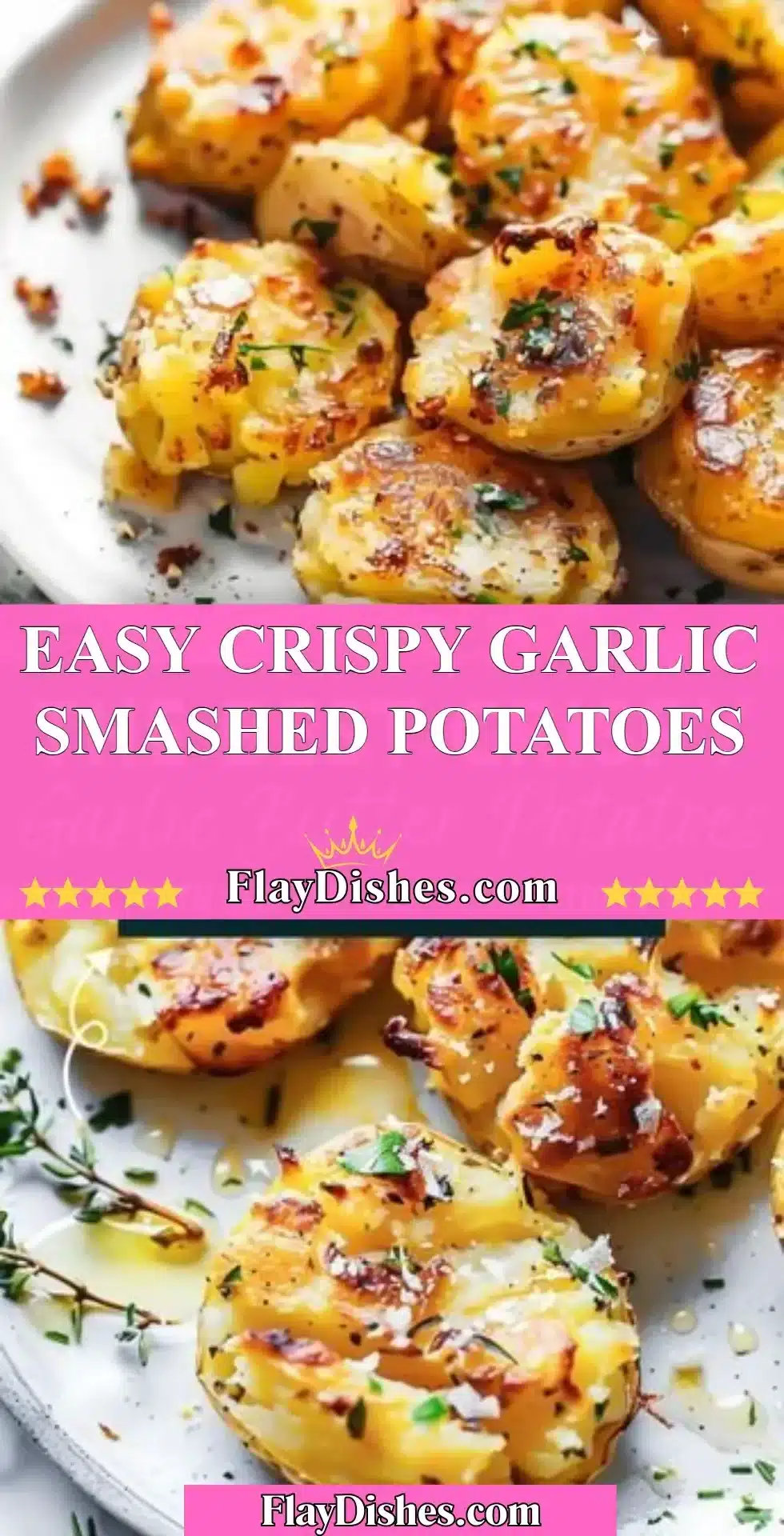 Plate of easy crispy garlic smashed potatoes ready to serve