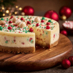 Sugar Cookie Cheesecake 3 Delicious sugar cookie cheesecake slice topped with sprinkles and whipped cream.