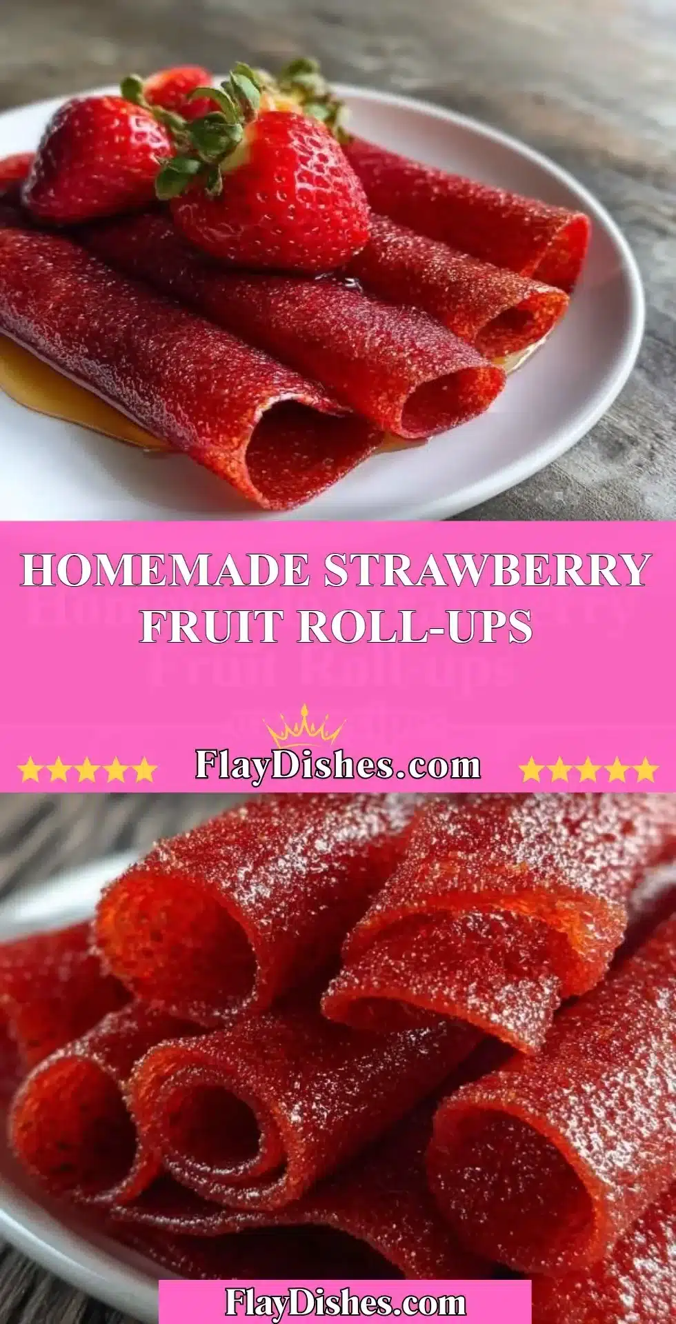 Homemade Strawberry Fruit Roll-Ups 2 Homemade strawberry fruit roll-ups on a wooden cutting board