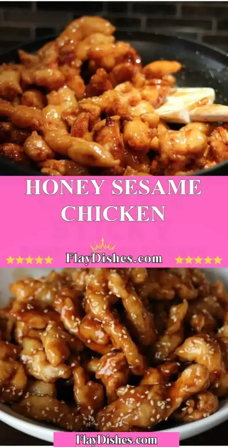 Plate of Honey Sesame Chicken with sesame seeds and vegetables