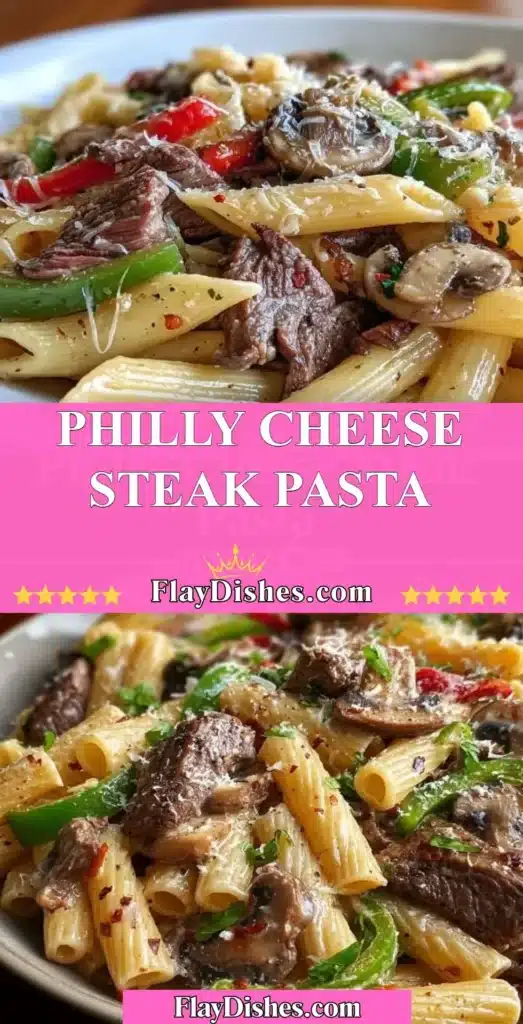 A delicious plate of Philly Cheese Steak Pasta topped with melted cheese and peppers.