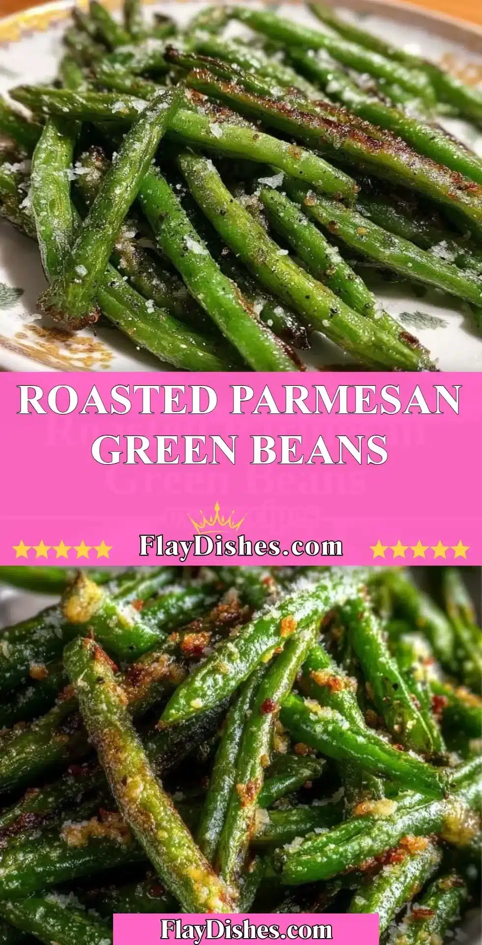 Roasted Parmesan Green Beans 2 Plate of roasted Parmesan green beans garnished with herbs