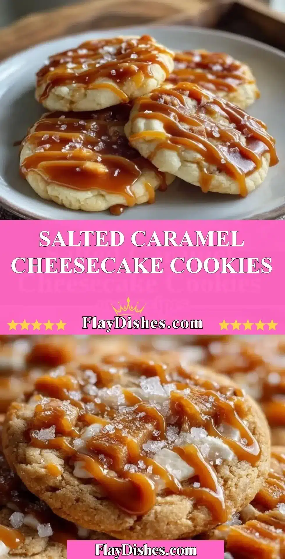 Salted Caramel Cheesecake Cookies topped with caramel drizzle
