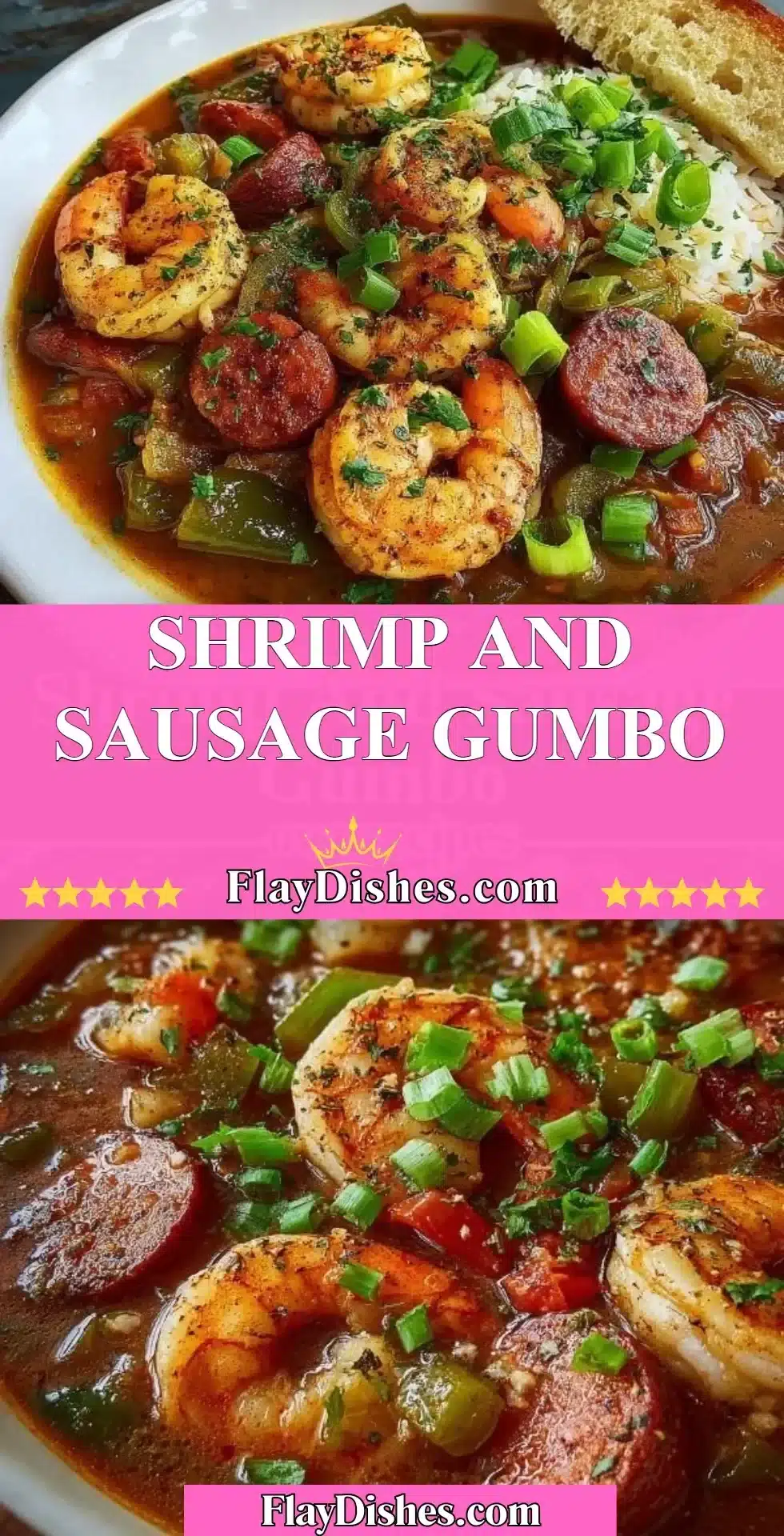Bowl of shrimp and sausage gumbo with rice and green onions