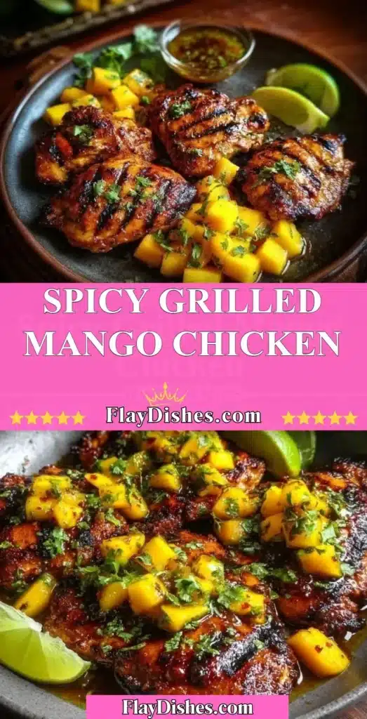 Spicy grilled mango chicken garnished with fresh herbs on a plate.