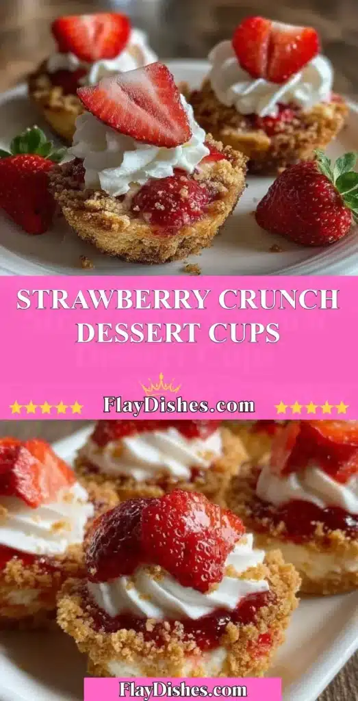 Delicious Strawberry Crunch Dessert Cups topped with strawberry and crunchy layers