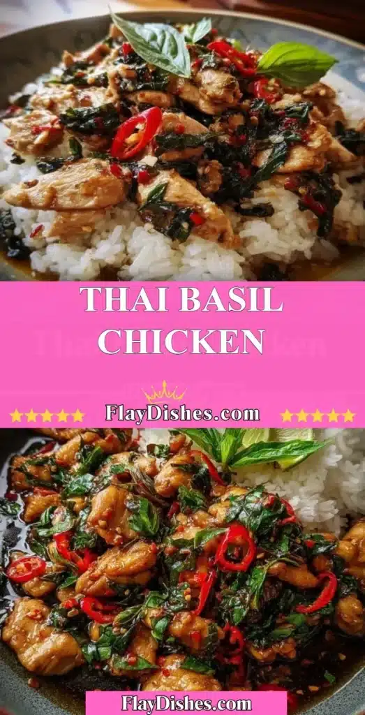 Plate of flavorful Thai Basil Chicken garnished with fresh basil leaves