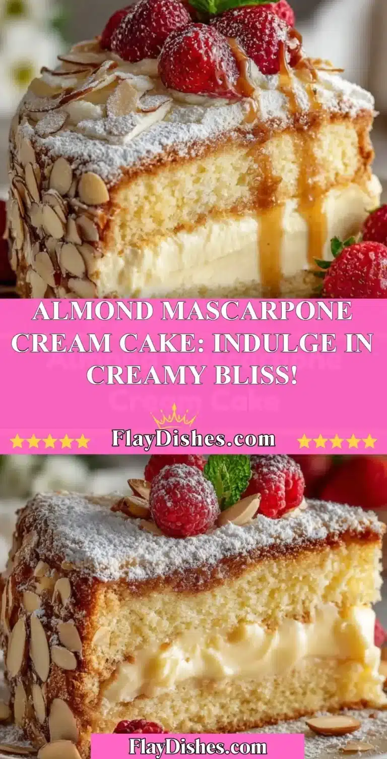 Delicious Almond Mascarpone Cream Cake topped with whipped cream and almonds.
