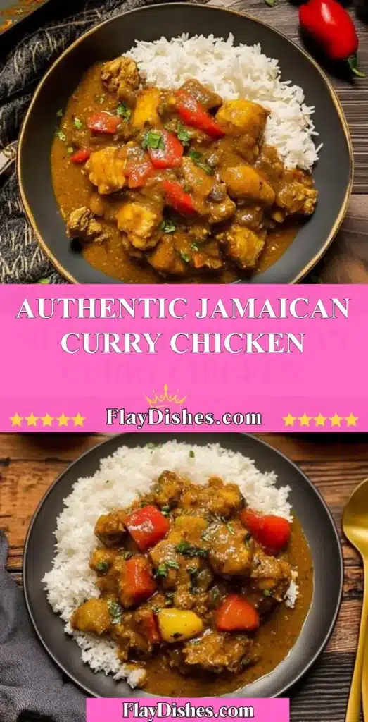 Plate of authentic Jamaican Curry Chicken with rice and vegetables