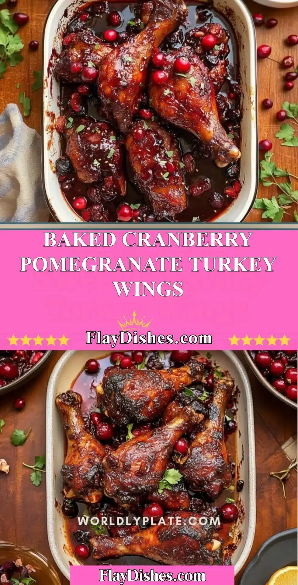 Baked cranberry pomegranate turkey wings served on a festive platter.