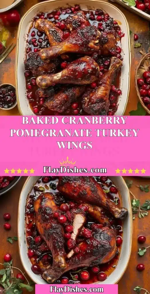 Baked cranberry pomegranate turkey wings garnished with fresh herbs