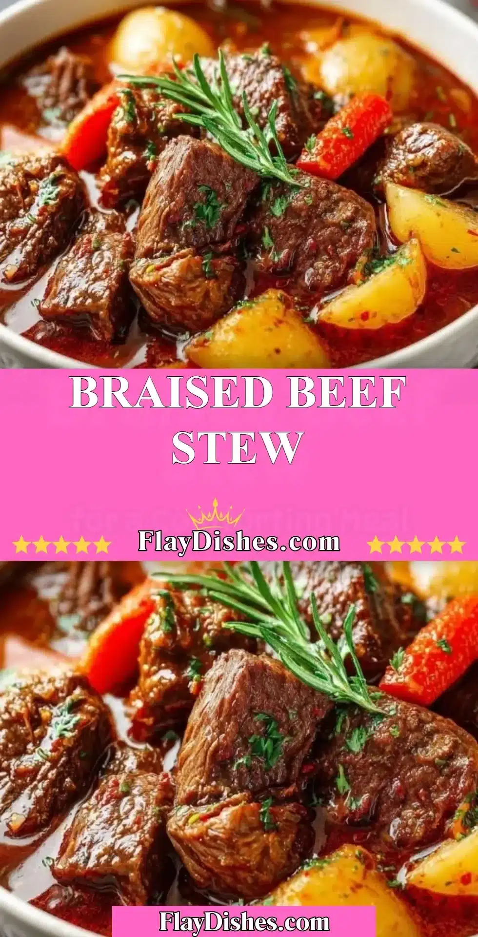 Delicious braised beef stew served in a rustic bowl with herbs and vegetables.