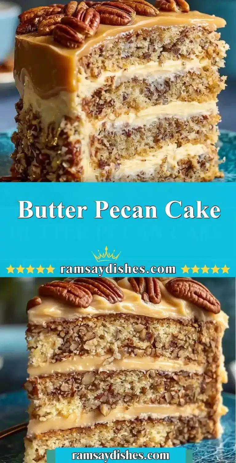 Delicious Butter Pecan Cake with nuts and creamy frosting on a plate