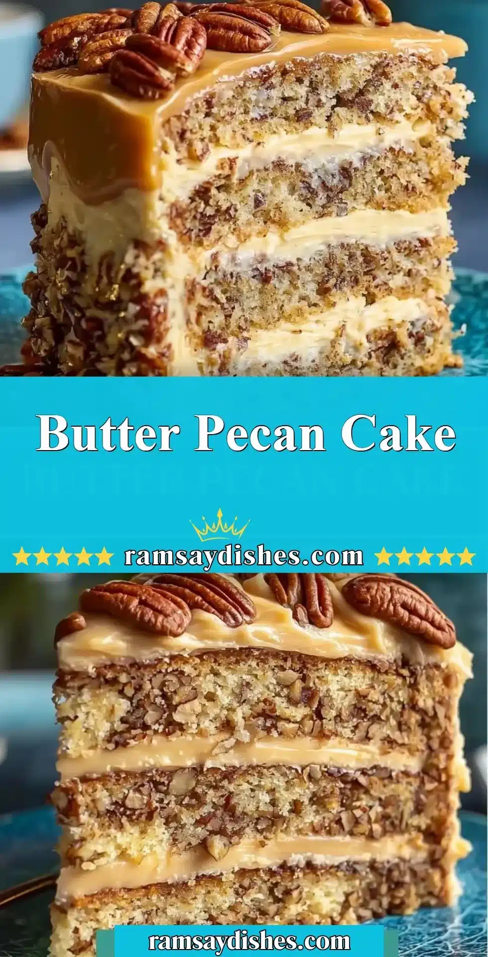 Butter Pecan Cake 2 Delicious Butter Pecan Cake with nuts and creamy frosting on a plate
