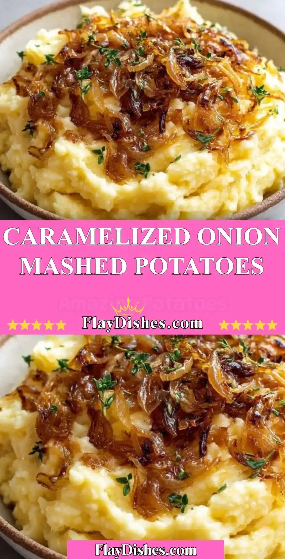 Creamy caramelized onion mashed potatoes served in a bowl