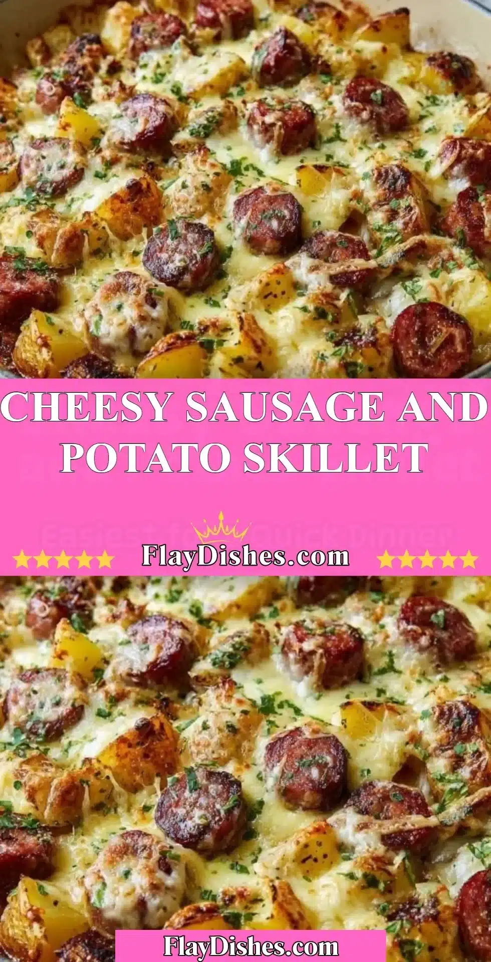 Cheesy sausage and potato skillet served in a cast-iron pan