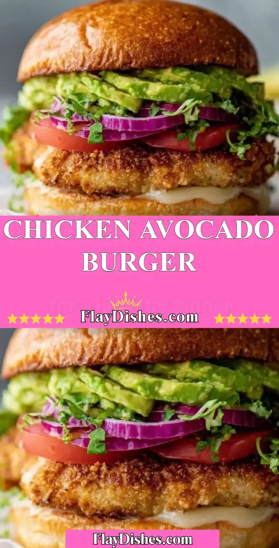 Chicken Avocado Burger 2 Juicy Chicken Avocado Burger topped with fresh ingredients on a bun