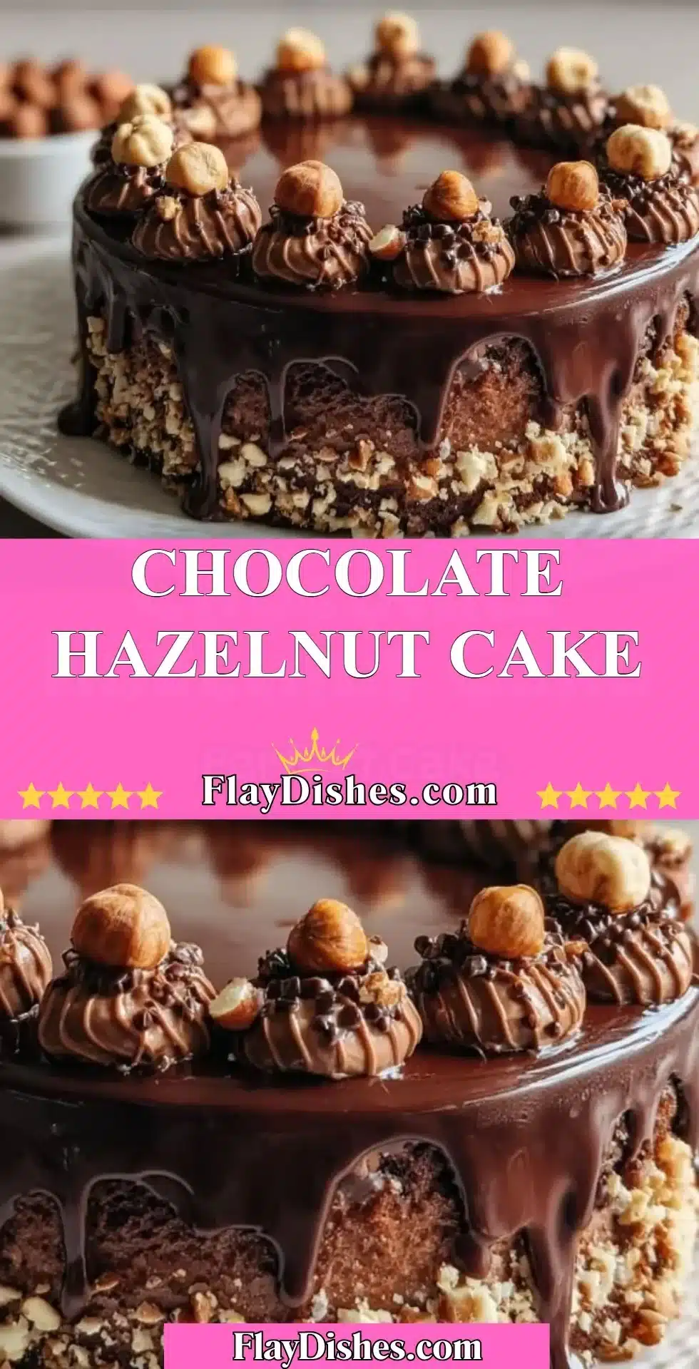 Delicious Chocolate Hazelnut Cake with chocolate drizzle and nuts on top