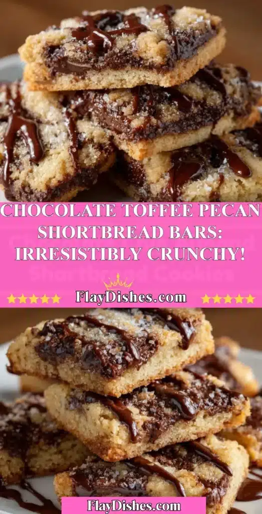 Chocolate toffee pecan shortbread bars with crunchy texture and enticing flavor