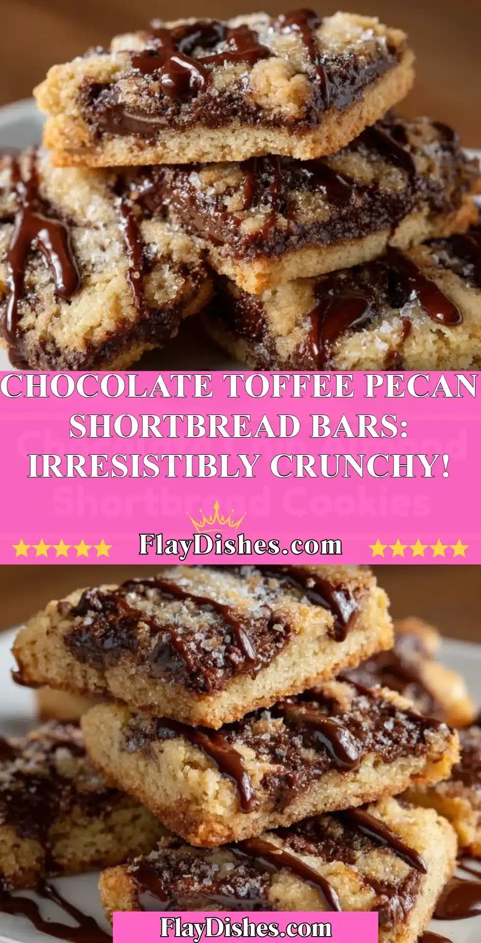 Chocolate toffee pecan shortbread bars with crunchy texture and enticing flavor