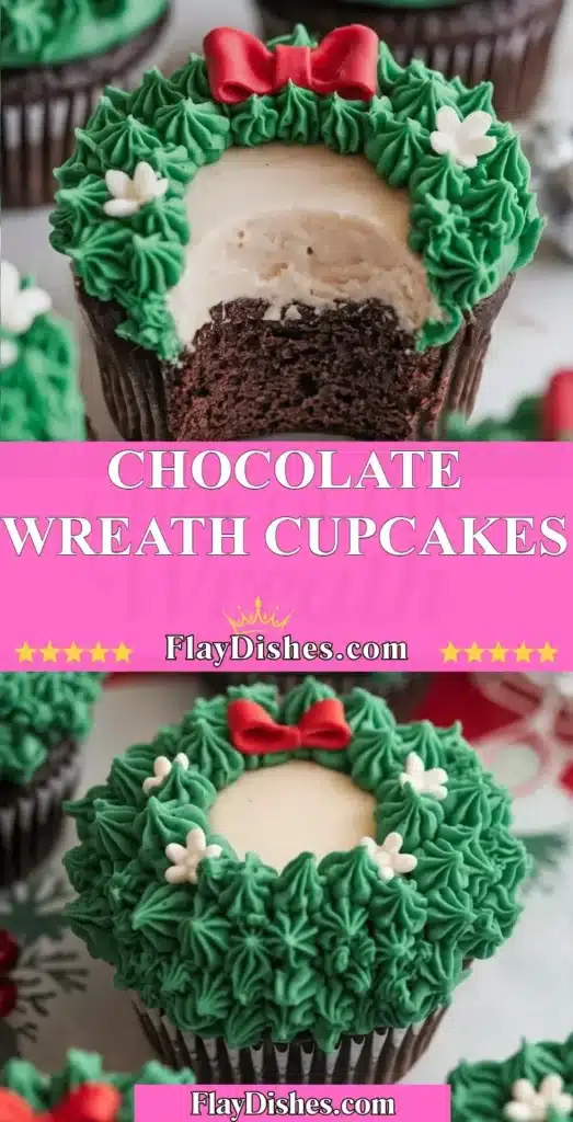 Delicious Chocolate Wreath Cupcakes decorated for the holidays