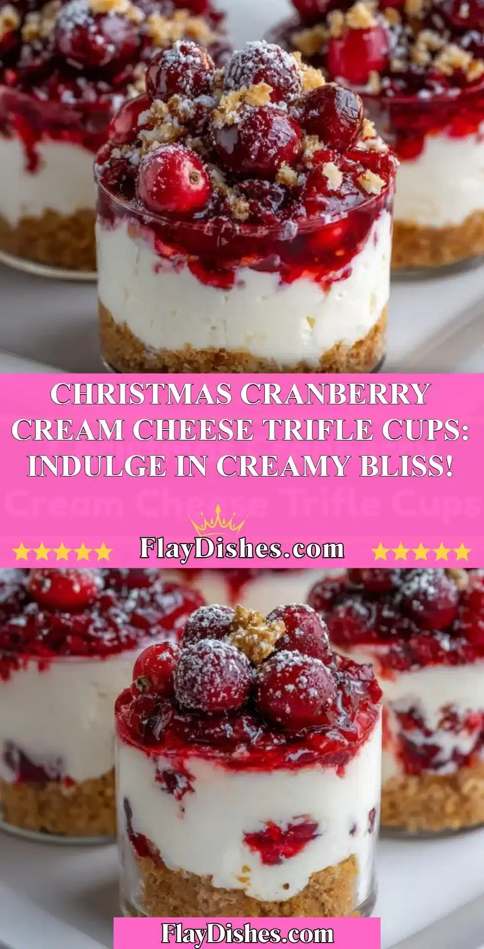 Delicious Christmas Cranberry Cream Cheese Trifle Cups served in festive glasses.