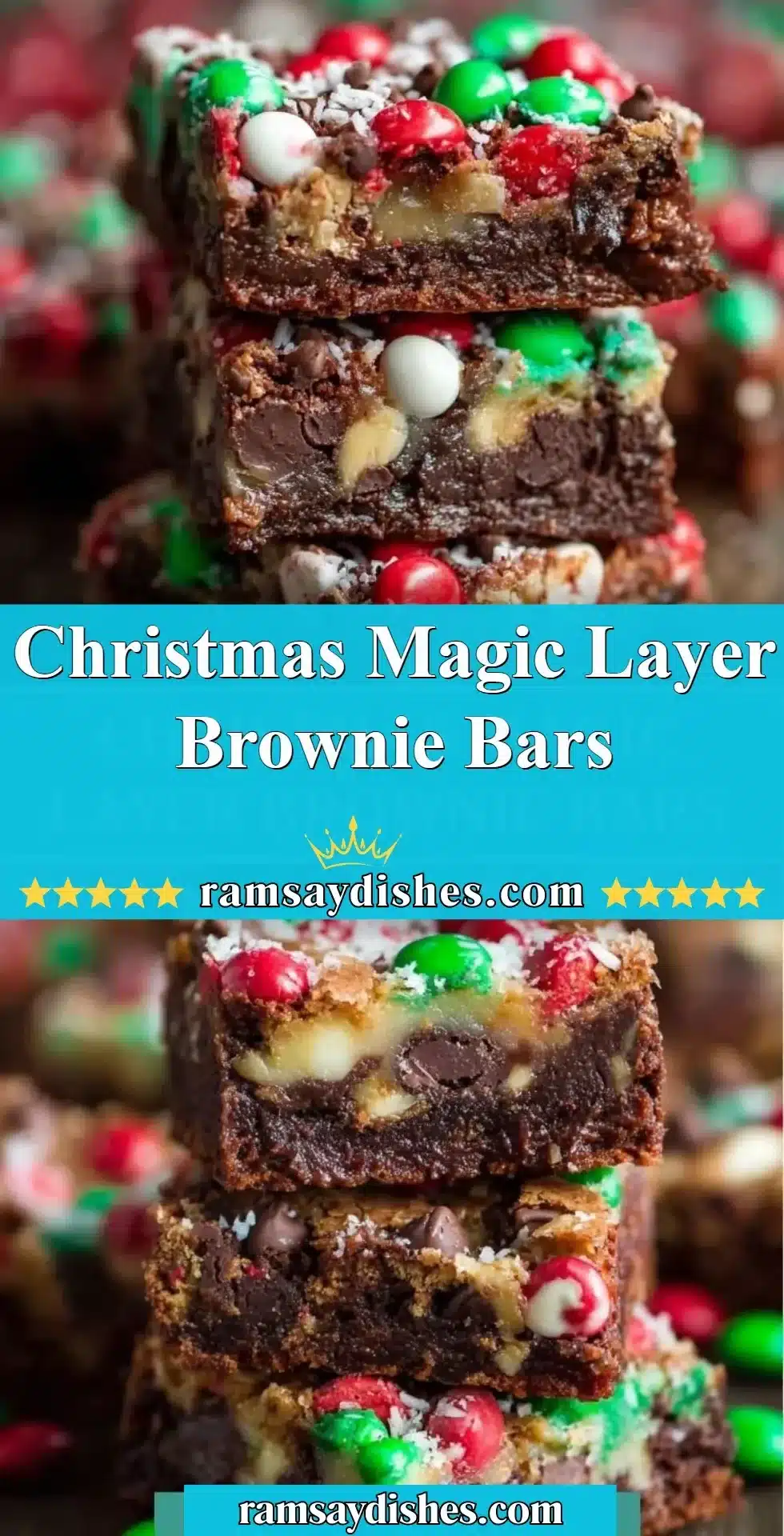 Christmas Magic Layer Brownie Bars topped with festive decorations