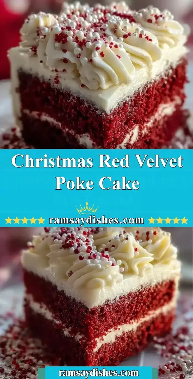 Christmas Red Velvet Poke Cake topped with cream cheese frosting and festive decorations