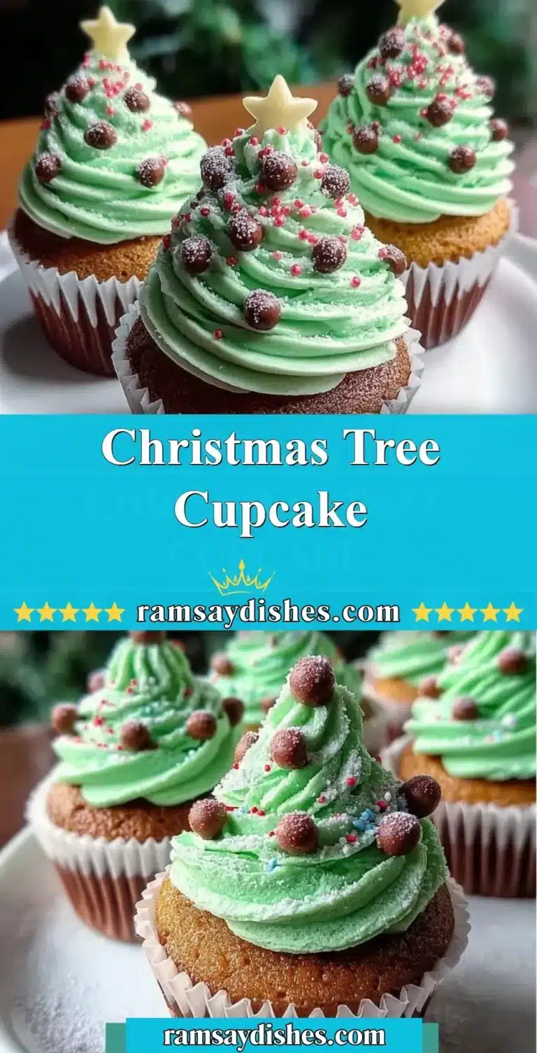 Christmas Tree Cupcake 4 Festive Christmas Tree Cupcake decorated with green frosting and edible ornaments.