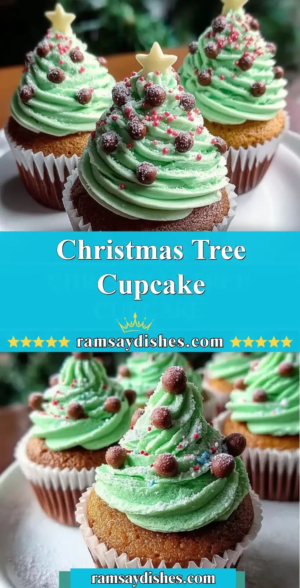 Festive Christmas Tree Cupcake decorated with green frosting and edible ornaments.