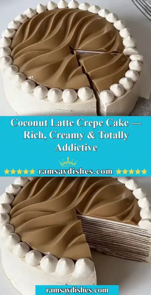 Slice of Coconut Latte Crepe Cake with rich and creamy layers