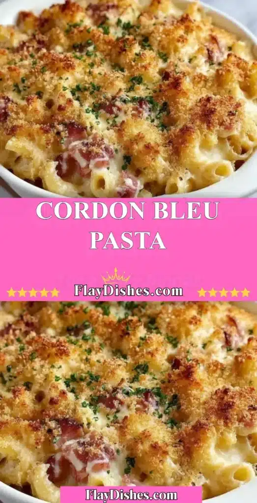 Delicious bowl of Cordon Bleu Pasta with chicken, ham, and creamy sauce.