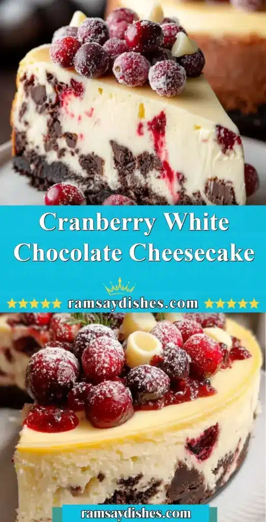 Cranberry White Chocolate Cheesecake topped with fresh cranberries and chocolate flakes