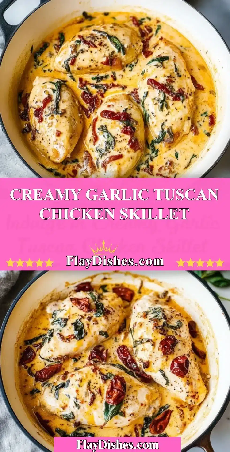Creamy Garlic Tuscan Chicken Skillet garnished with herbs in a cast iron skillet.