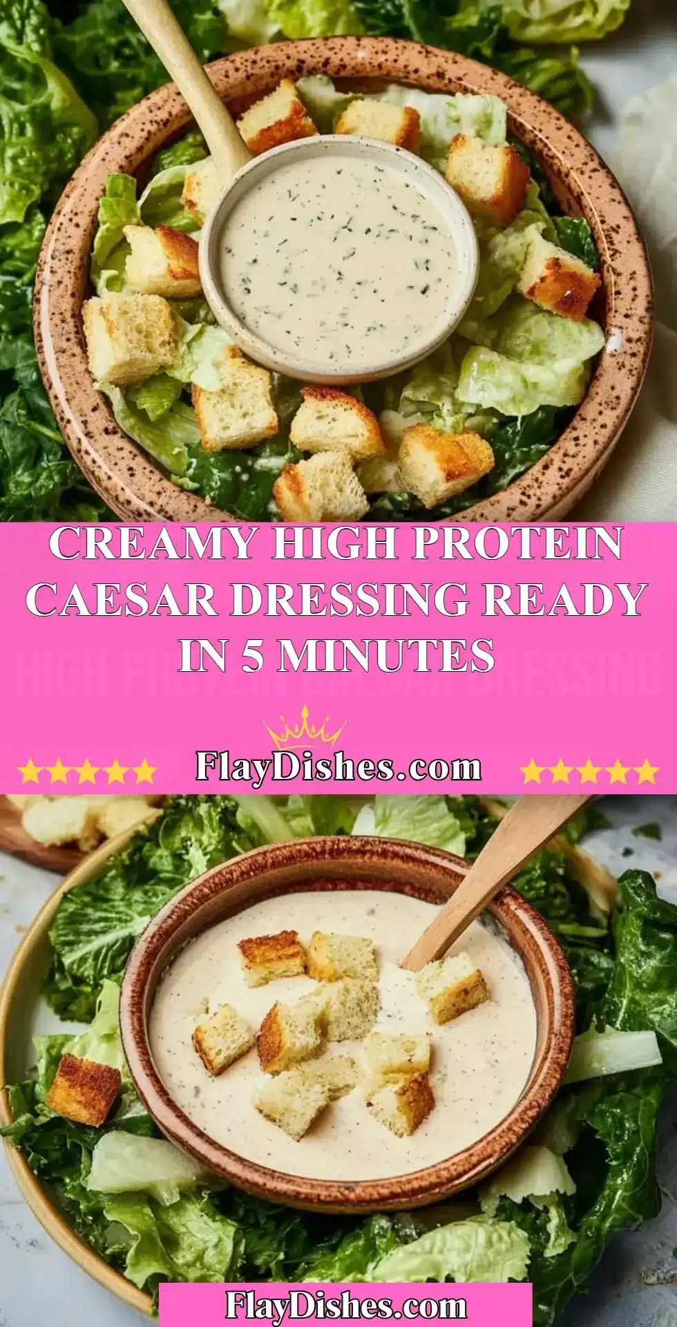 Creamy High Protein Caesar Dressing Ready in 5 Minutes 2 Creamy high protein Caesar dressing in a bowl with ingredients surrounding it.