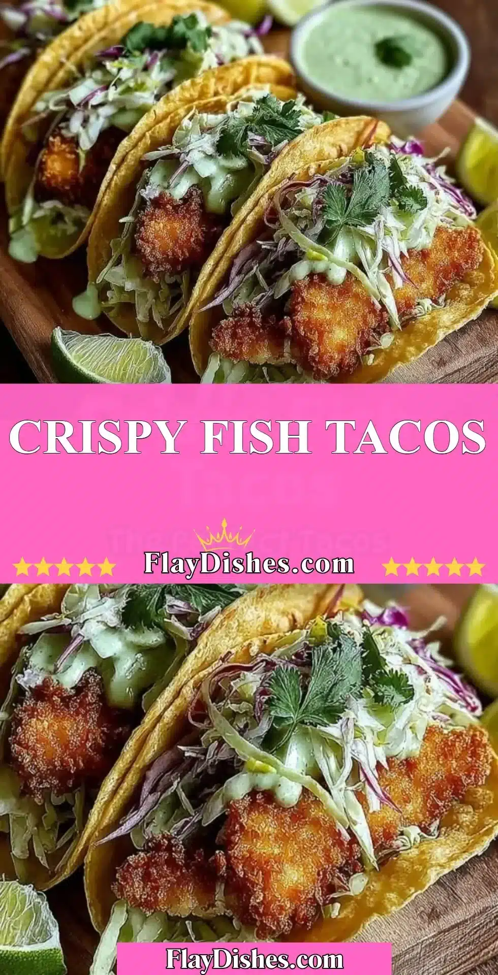 Crispy Fish Tacos 2 Crispy fish tacos with fresh toppings on a plate