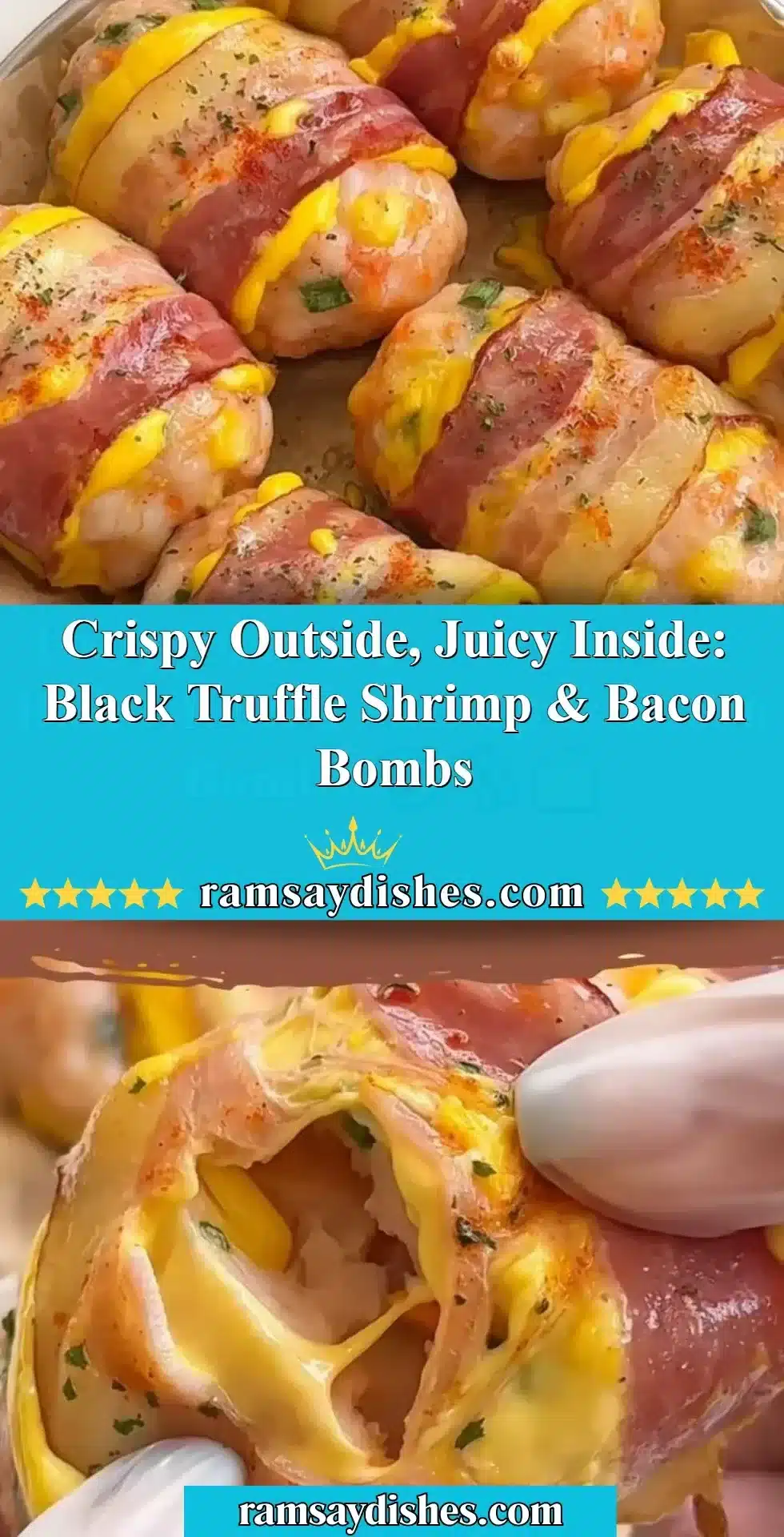 Crispy black truffle shrimp and bacon bombs on a plate ready to be served