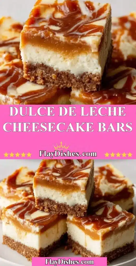 Delicious Dulce de Leche Cheesecake Bars topped with caramel.