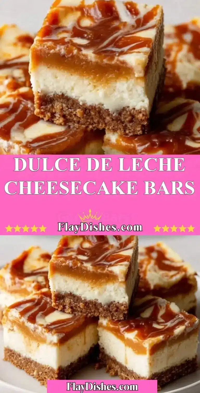 Dulce de Leche Cheesecake Bars 9 Delicious Dulce de Leche Cheesecake Bars topped with caramel.