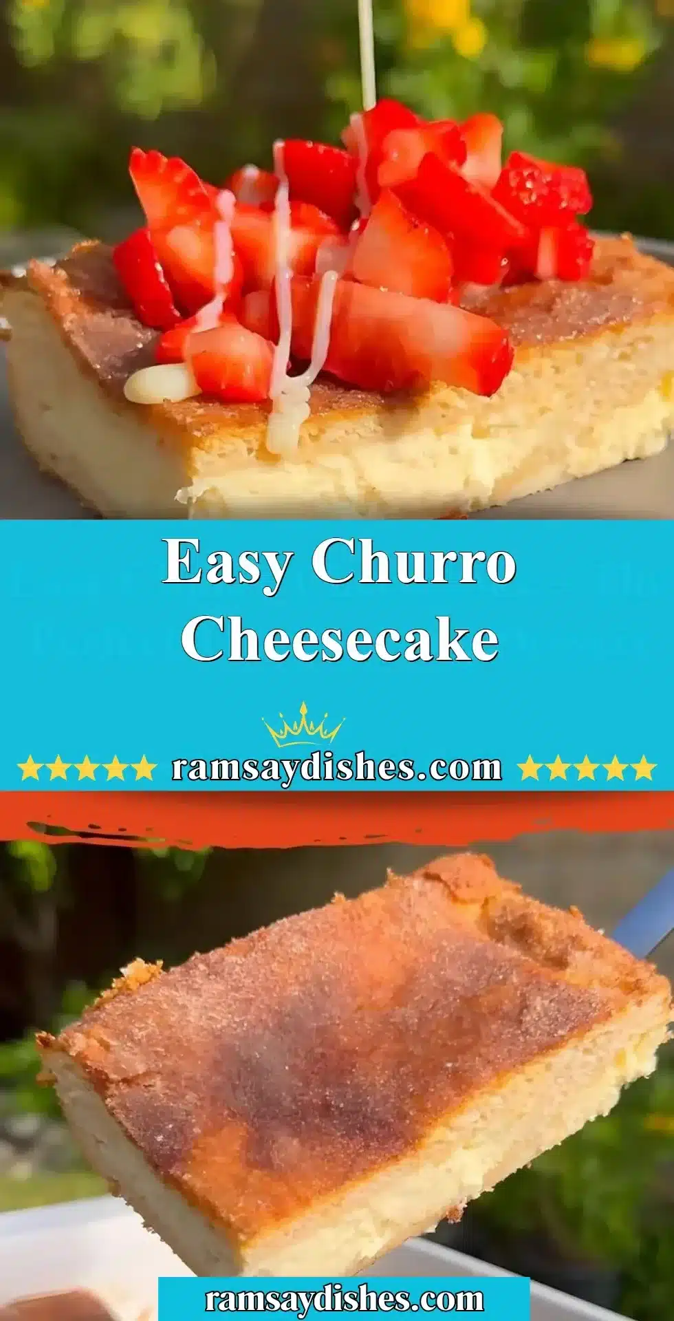 Easy churro cheesecake topped with cinnamon sugar and drizzled with caramel sauce