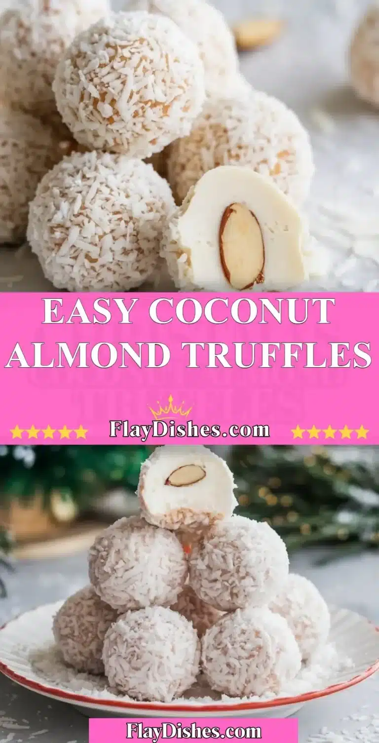 Delicious easy coconut almond truffles on a rustic wooden table.