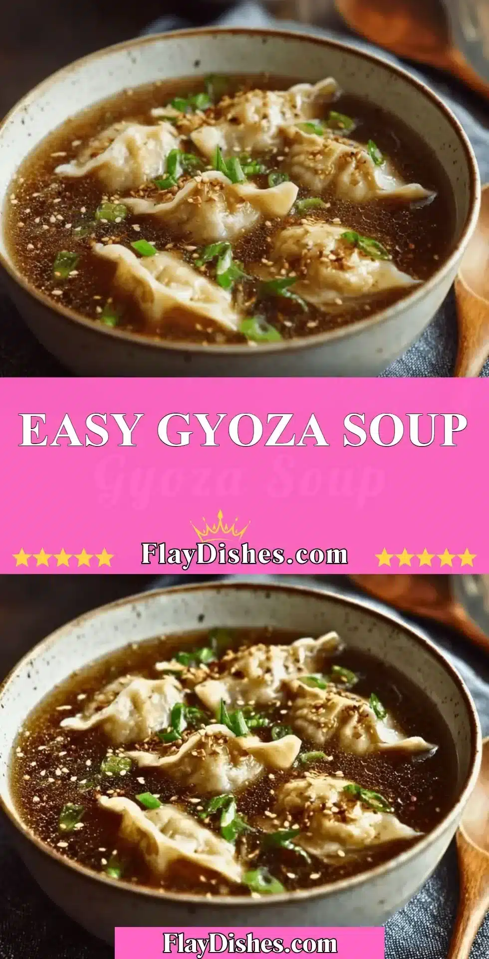 Bowl of Easy Gyoza Soup with dumplings and vegetables