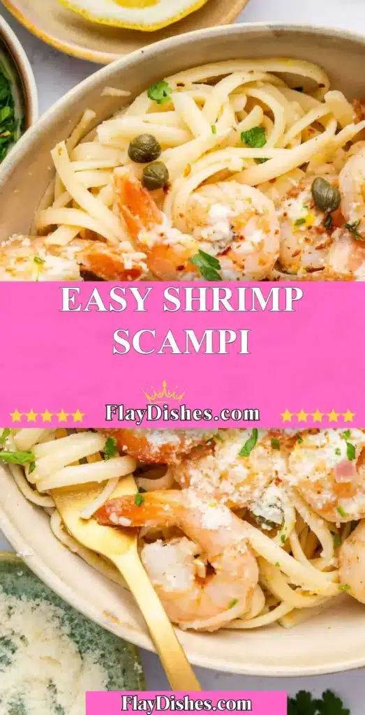 Easy shrimp scampi served with pasta and garnished with parsley